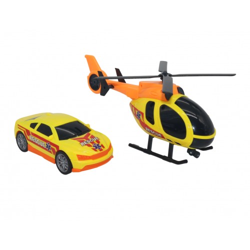 HELICOPTERO Y CARRO RESCUE PILAS LUZ Y SONIDOS CAJA