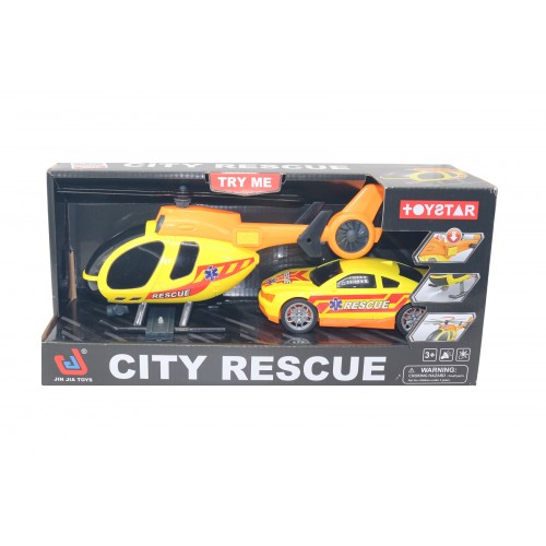 HELICOPTERO Y CARRO RESCUE PILAS LUZ Y SONIDOS CAJA