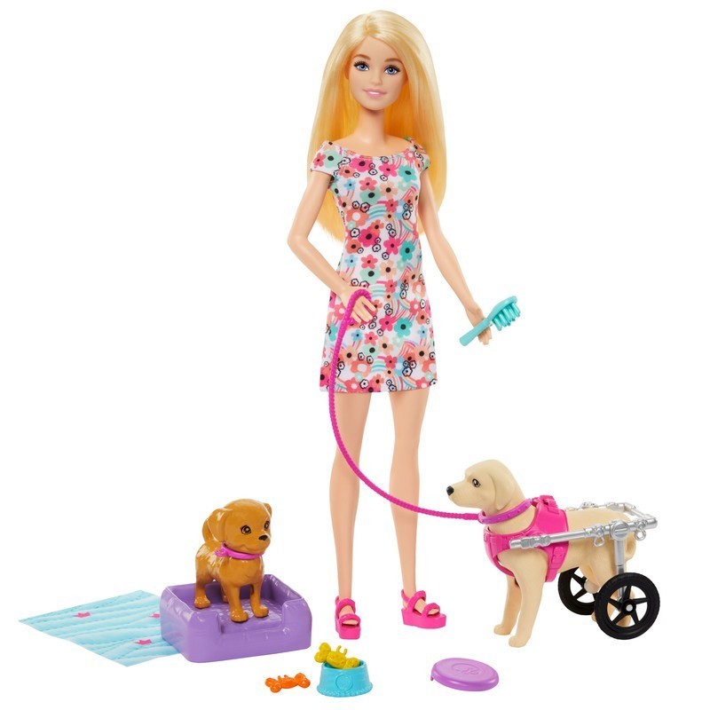 MUNECA BARBIE PASEO CON PERRITO EN SILLA DE RUEDAS Juguetelandia